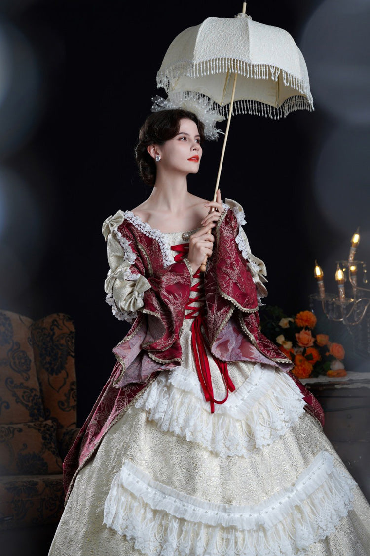 Wine/Ivory Long Hime Sleeves Lace-Up Classic Vintage Palace Lolita Victorian Dress - Product - 7