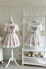 Pink [Teddy Bear Party] Square Collar Short Sleeves Printed Ruffled Bow Lace Sweet Jirai Kei Japanese Dress - Product - 9