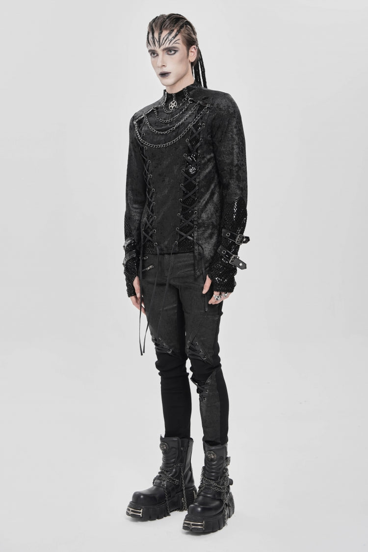 Black Stitching Lace-Up Mesh Chain Men's Punk Blouse - Product - 2