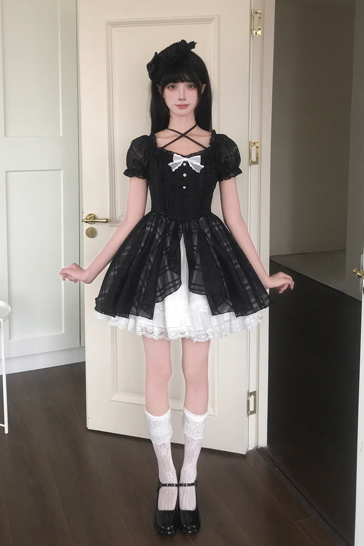 Black/White Square Collar Short Puff Sleeves Plaid Printed Ruffled Bow Lace Sweet Princess Lolita Dress - Product - 8