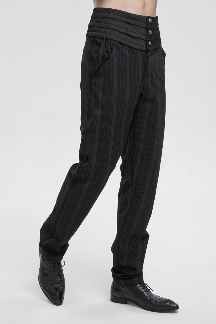 Black Retro Mid High Waist Micro Elastic Striped Woven Stitching Three Dimensional Jacquard Men's Gothic Trousers - Product - 2