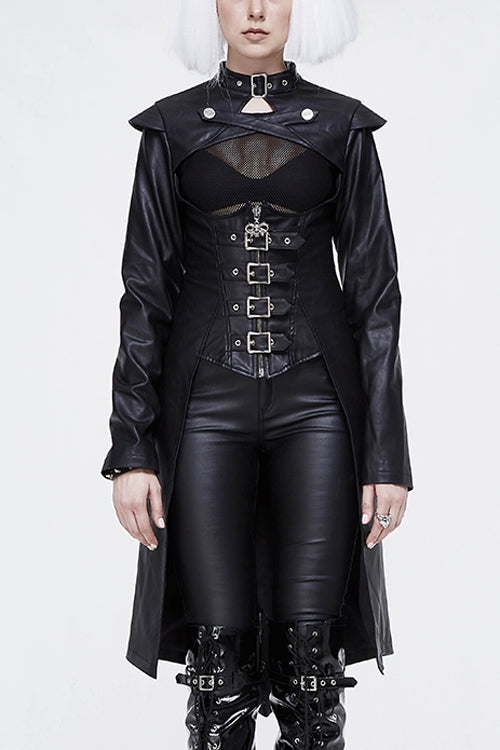 Black waisted short front and long back bare breast leather long womens Punk coat - Black - 1