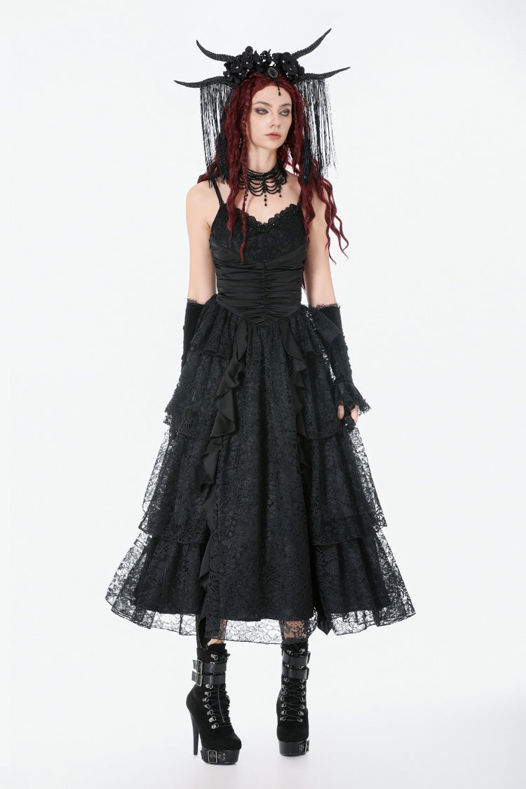 Black Sleeveless Multi-Layered Lace Ruched Women's Gothic Slip Maxi Dress Wedding Dress - Product - 8
