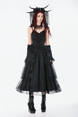Black Sleeveless Multi-Layered Lace Ruched Women's Gothic Slip Maxi Dress Wedding Dress - Product - 8