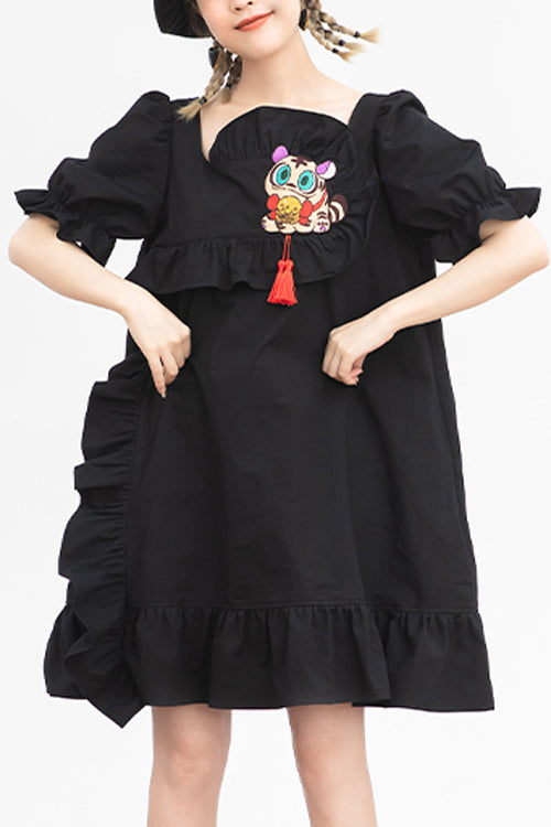 Black Ruffled Square Collar Cute Tiger Embroidered Bubble Short Sleeves High Waisted Sweet Lolita Dress - Black - 1