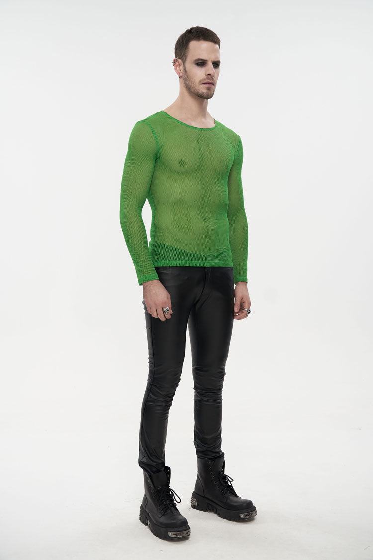 Green Elasticity High Neck Long Sleeve Mesh Men's Gothic T-Shirt - Product - 2
