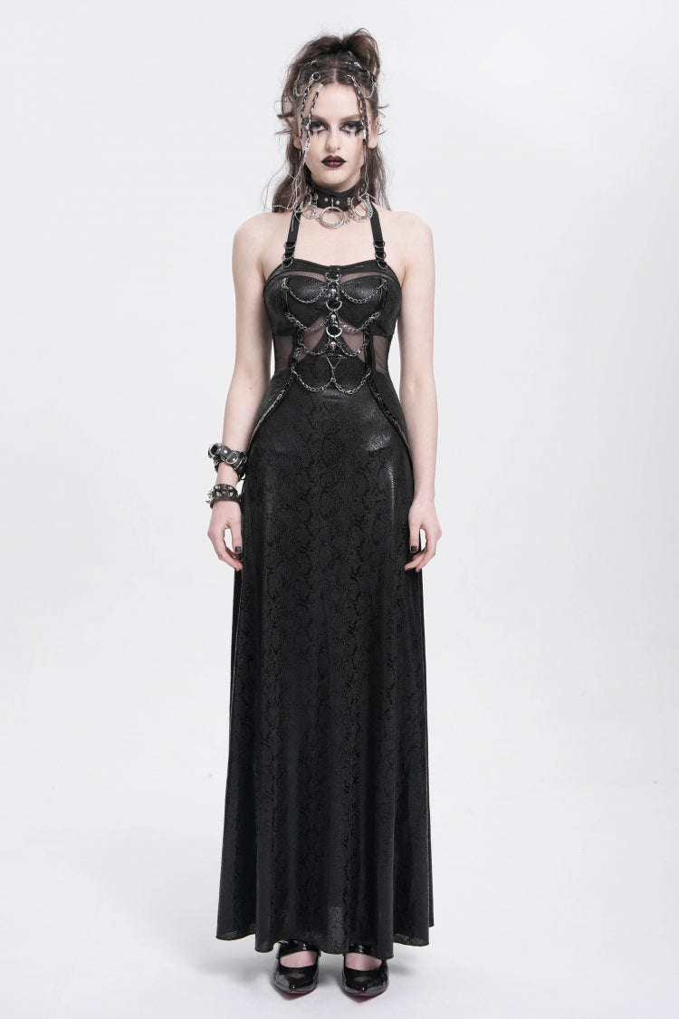Black Halterneck Stitching Mesh Chained Women's Punk Dress - Product - 2