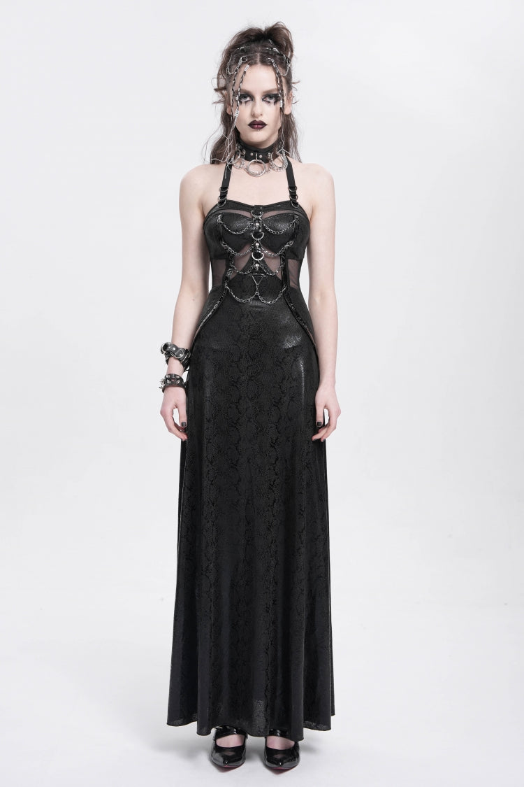 Black Halterneck Stitching Mesh Chained Women's Punk Dress - Product - 2