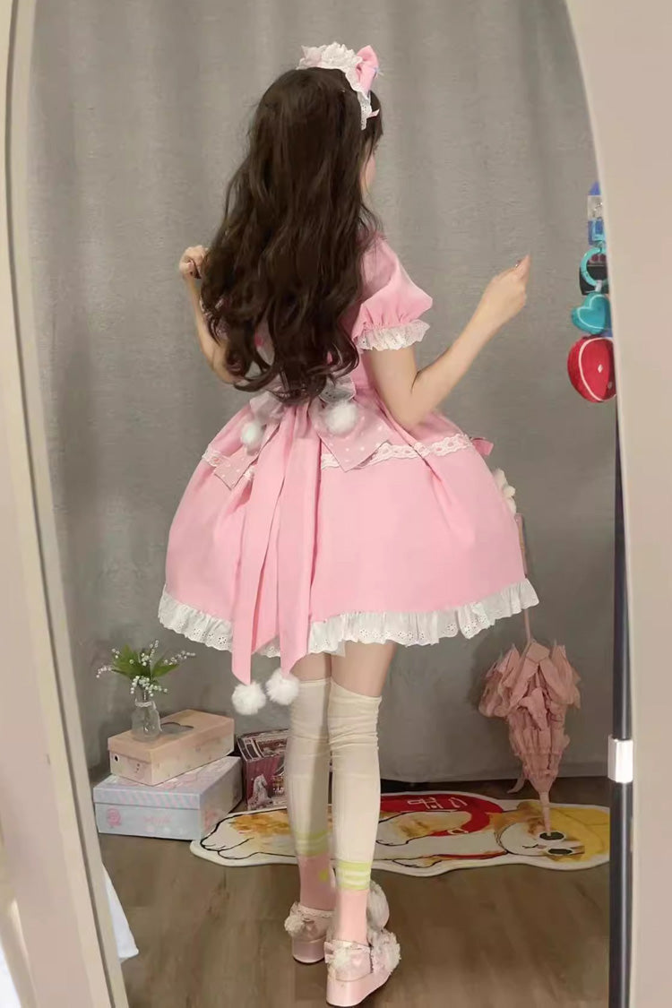 Pink Square Collar Print Doll Party Detachable Sleeves Ruffle Bowknot Sweet Princess Lolita Dress - Product - 10