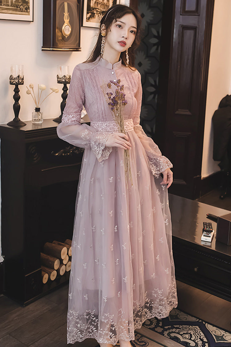 Dream Purple French Retro Lantern Sleeves High Waist Slimming Lace Embroidery Sweet Lolita OP Dress - Product - 2