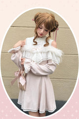 Pink [Little Love Song] Stand Collar Off Shoulder Long Sleeves Lace Sweet Japanese Elegant Lolita Dress - Product - 2