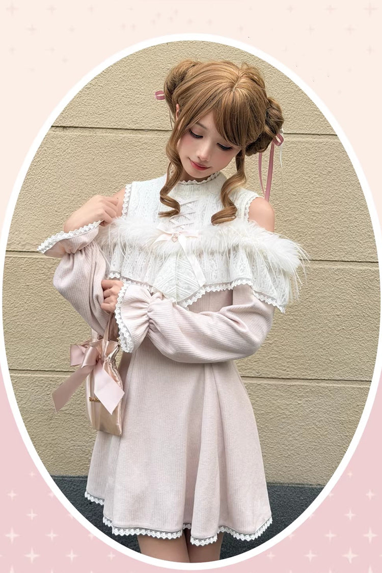 Pink [Little Love Song] Stand Collar Off Shoulder Long Sleeves Lace Sweet Japanese Elegant Lolita Dress - Product - 2