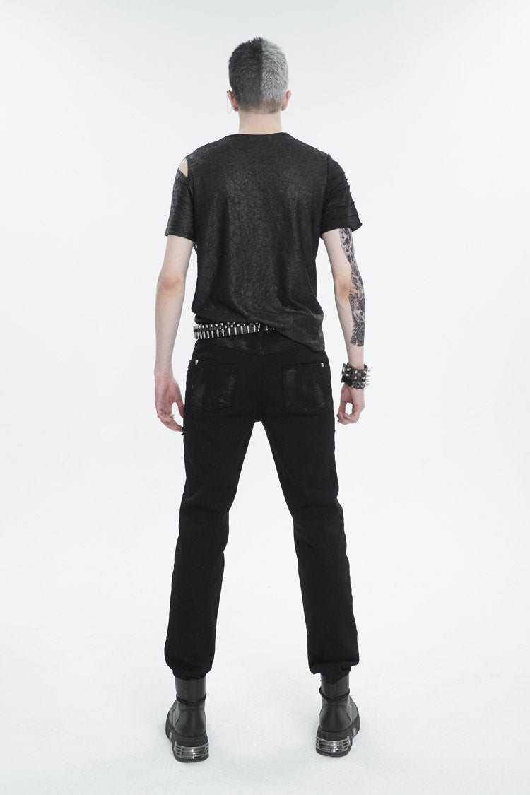Black Left Off Shoulder Chest Zipper Embellished Men's Punk Short Sleeve - Product - 5