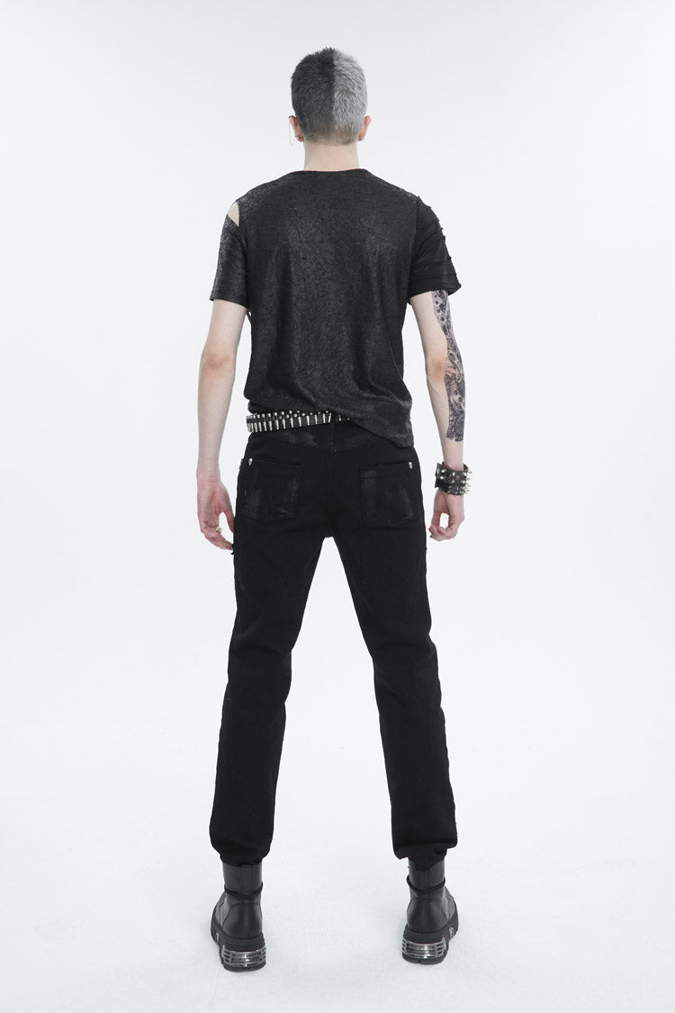 Black Left Off Shoulder Chest Zipper Embellished Men's Punk Short Sleeve - Product - 5