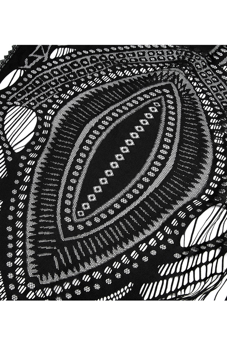 Black Openwork Lace Embroidery Pattern Decoration Hem Fringed Design Elasticated Neckline Women's Gothic Shawl - Product - 8