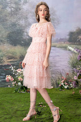 Pink Round Collar Ruffled Short Sleeves Polka Dot Print Sweet Lolita Tiered Dress - Product - 3