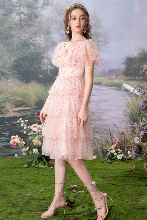Pink Round Collar Ruffled Short Sleeves Polka Dot Print Sweet Lolita Tiered Dress - Product - 3