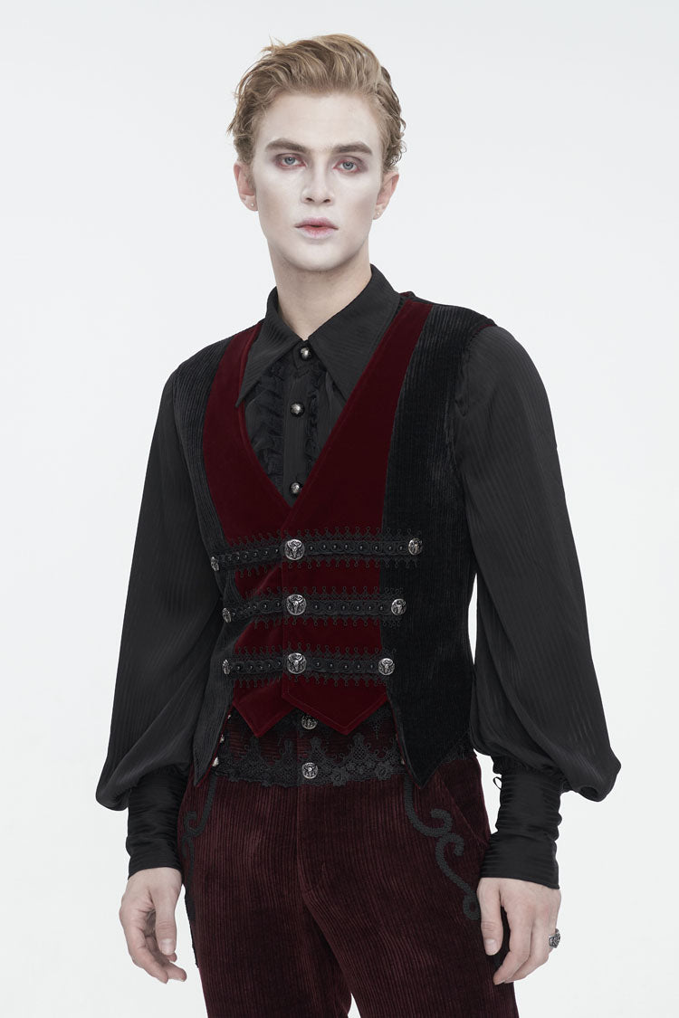 Black/Red Irregular Velvet Splice Corduroy Men's Gothic Waistcoat - Black/Red - 1