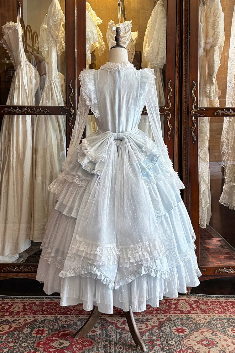 Blue [Aegean] Square Collar Flutter Sleeves Multi-Layered Ruffled Bow Sweet Lolita Jsk Dress Set - Product - 14