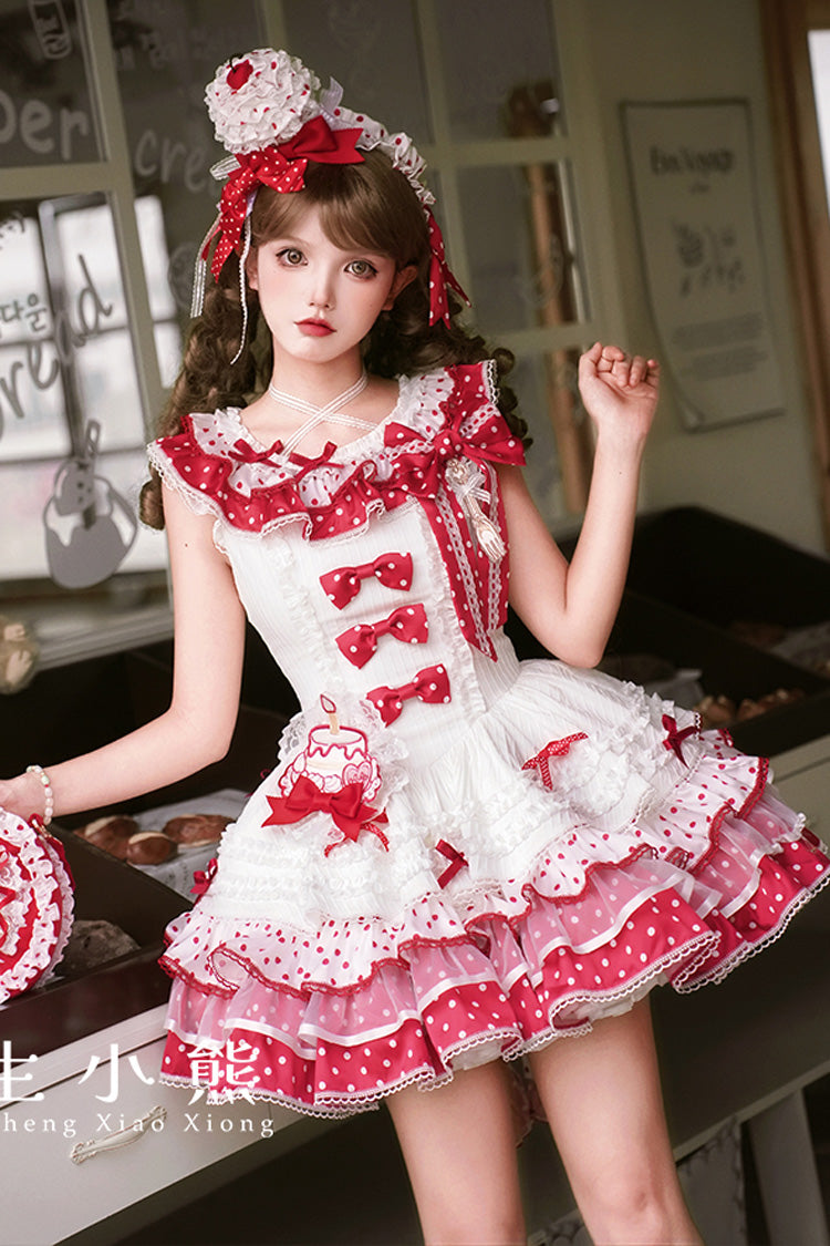 Red/White [Twin Bears] Sleeveless Triple-Layered Print Ruffle Bowknot Lace Sweet Lolita Jsk Dress - Product - 7