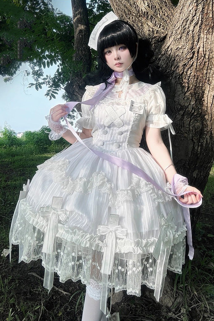 White Short Sleeves Ruffle Bowknot Lace Gothic Elegant Lolita Dress - Product - 8