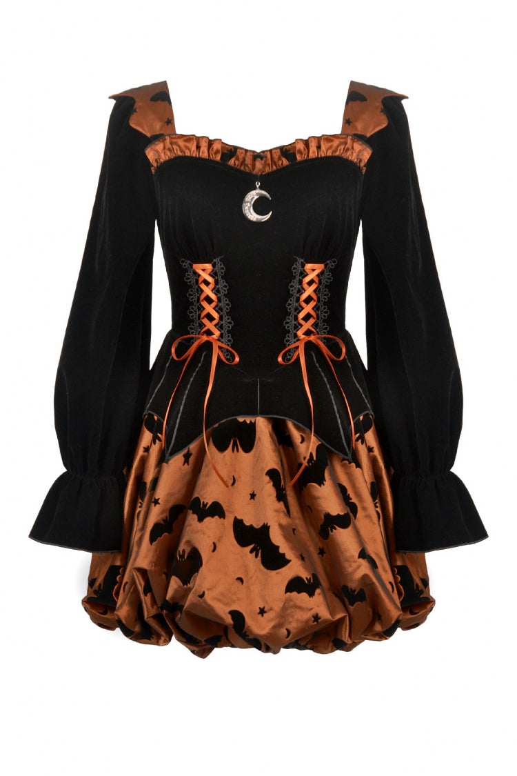 Black/Orange Square Collar Long Sleeves Bat Printed Lace-Up Women's Gothic Pumpkin Halloween Dress - Product - 3