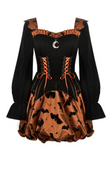 Black/Orange Square Collar Long Sleeves Bat Printed Lace-Up Women's Gothic Pumpkin Halloween Dress - Product - 3
