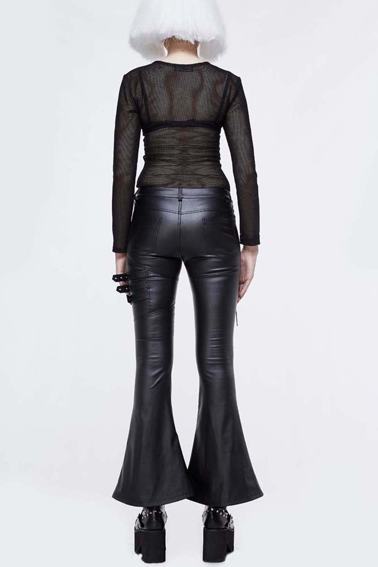 Black Hasp Leather Side Lace-Up Leather Tight Flared Women's Punk Pants - Product - 4