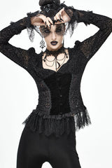 lack Gothic Flocking V-Neck Front Splice Velvet Long Sleeve Lace Hem Women's Blouse - Product - 3