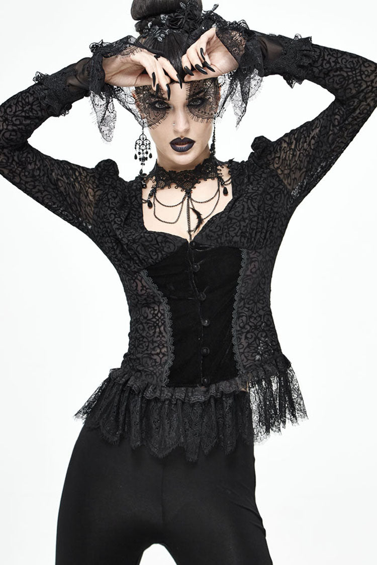 lack Gothic Flocking V-Neck Front Splice Velvet Long Sleeve Lace Hem Women's Blouse - Product - 3