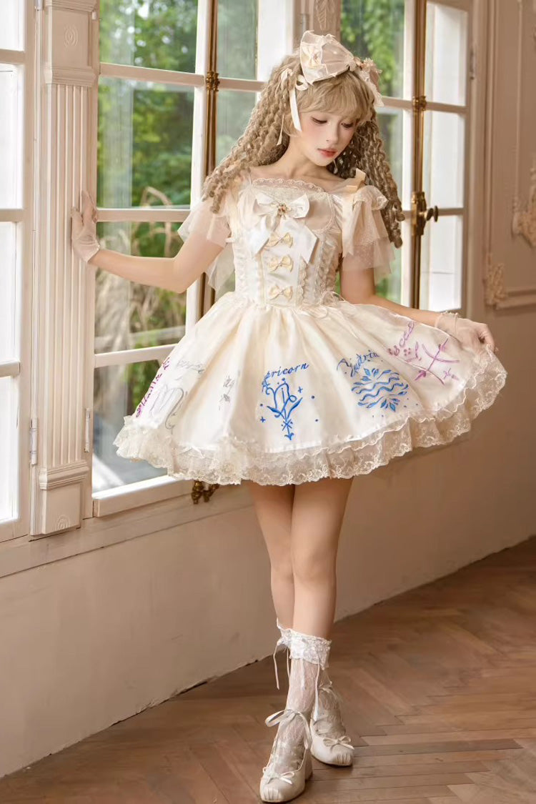 Champagne [The Twelve Zodiac Signs] Sleeveless Printed Ruffled Embroidered Bow Sweet Lolita Jsk Dress - Product - 2