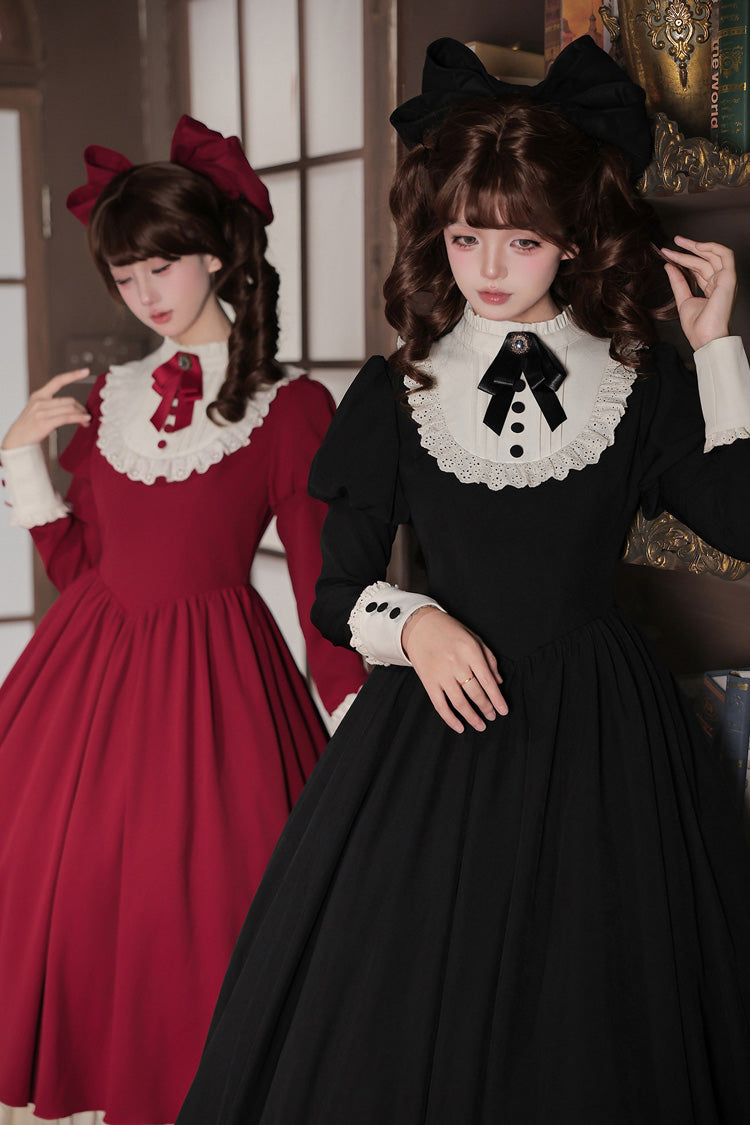 [Miss Lita] Stand Collar Long Lantern Sleeves Triple-Layered Ruffled Classic Elegant Maid Lolita Dress 2 Colors (Red, Black) - Product - 10