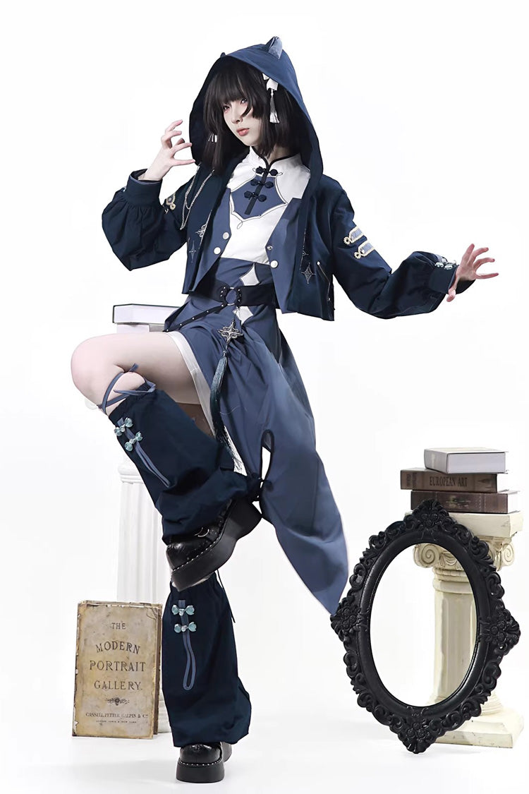 Blue [Indigo Shadow Journey] Stand Collar Long Sleeves Embroidered Hooded Asymmetric Punk Ouji Lolita Dress Four-Piece Set - Product - 9