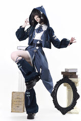 Blue [Indigo Shadow Journey] Stand Collar Long Sleeves Embroidered Hooded Asymmetric Punk Ouji Lolita Dress Four-Piece Set - Product - 9