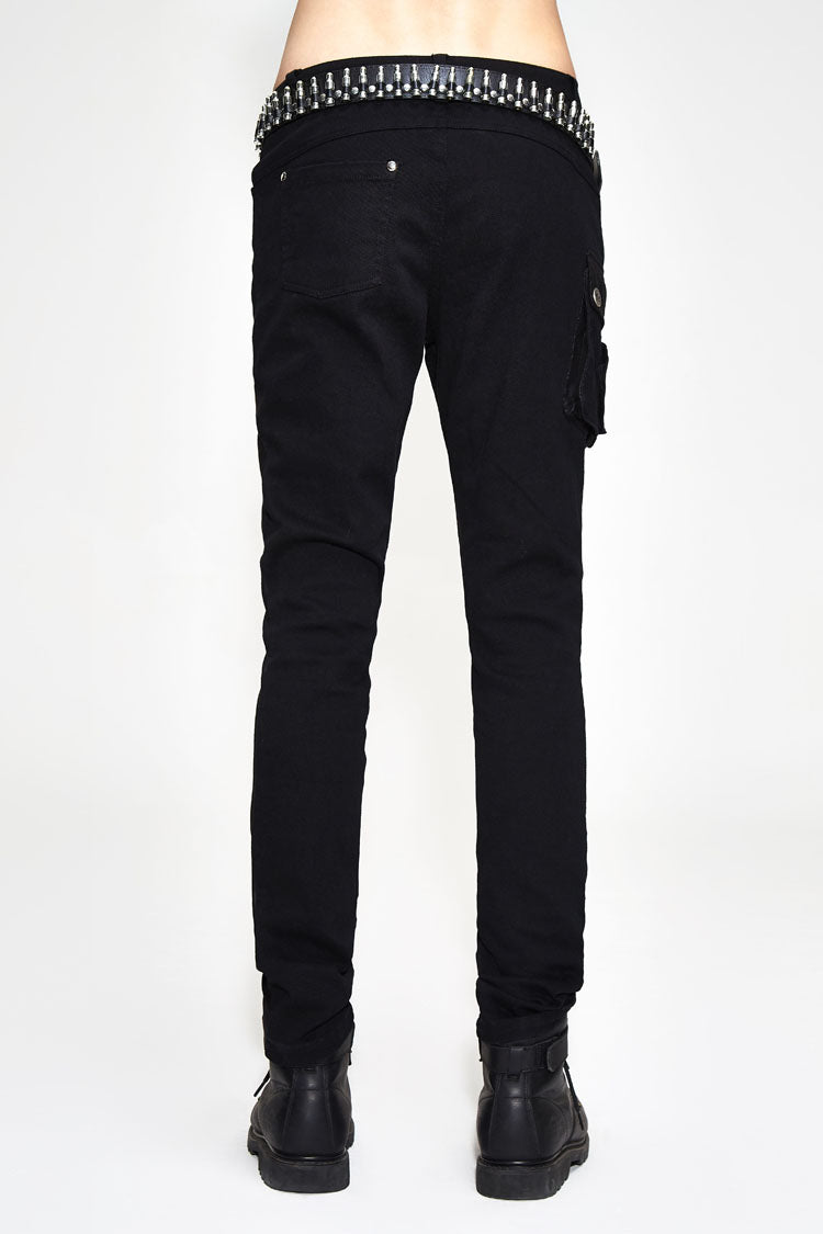 Black Asymmetric Broken Hole Glued Suede Rivet Men's Punk Pants - Product - 3