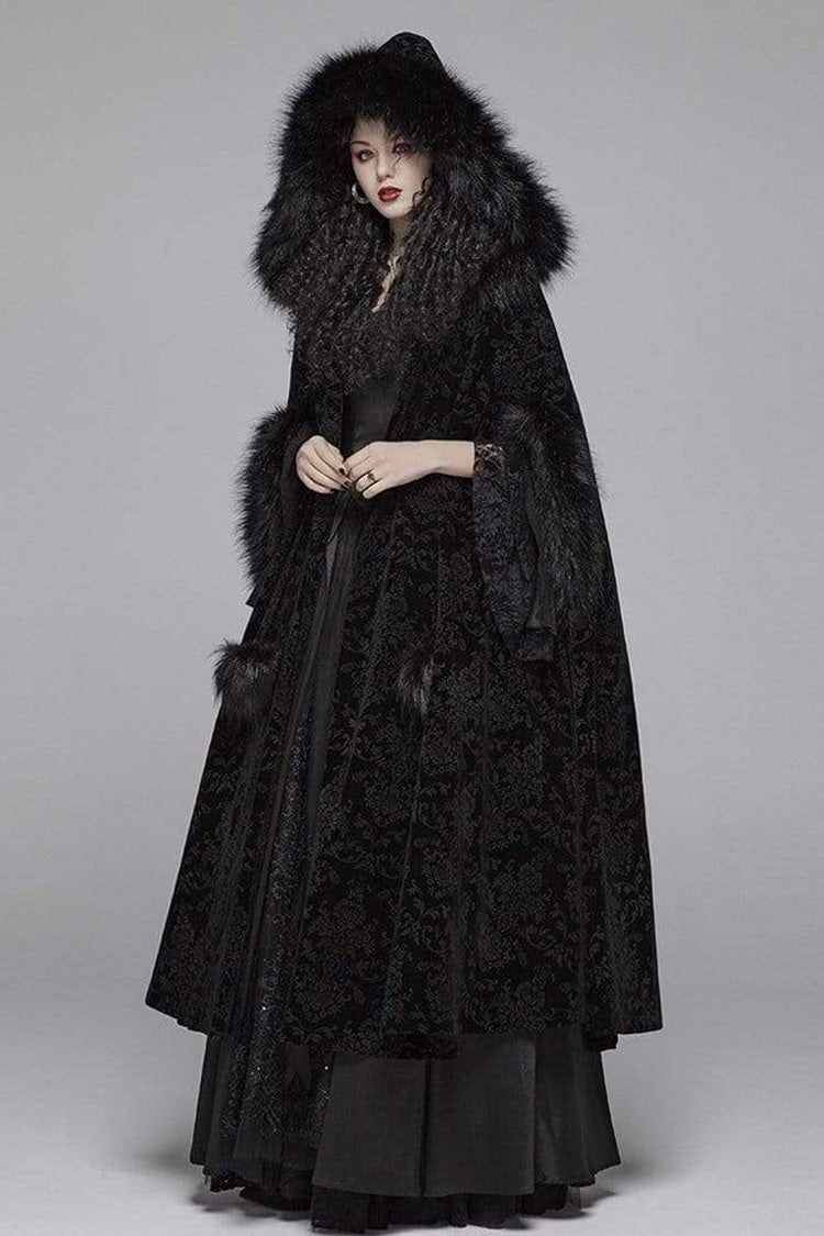 Black Fur Hood Front Fuzzy Ball Bandage Long Women's Gothic Cloak - Product - 2