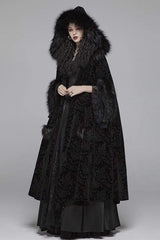 Black Fur Hood Front Fuzzy Ball Bandage Long Women's Gothic Cloak - Product - 2