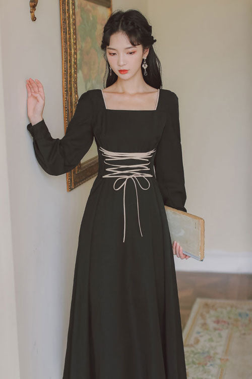 Black Solid European Manor Square Collar Long Sleeves High Waisted Classic Lolita OP Dress - Product - 3