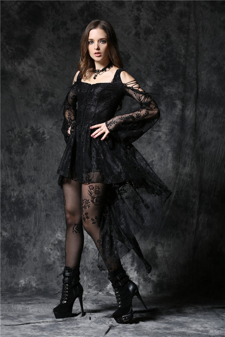 Black Square Collar Long Sleeves Overlay Embroidered Lace Women's Gothic Dress - Product - 13