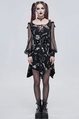 Black Gothic Knit Bone Print Sling Metal Grommet Strap Design Long Sleeve Women's Dress - Product - 6