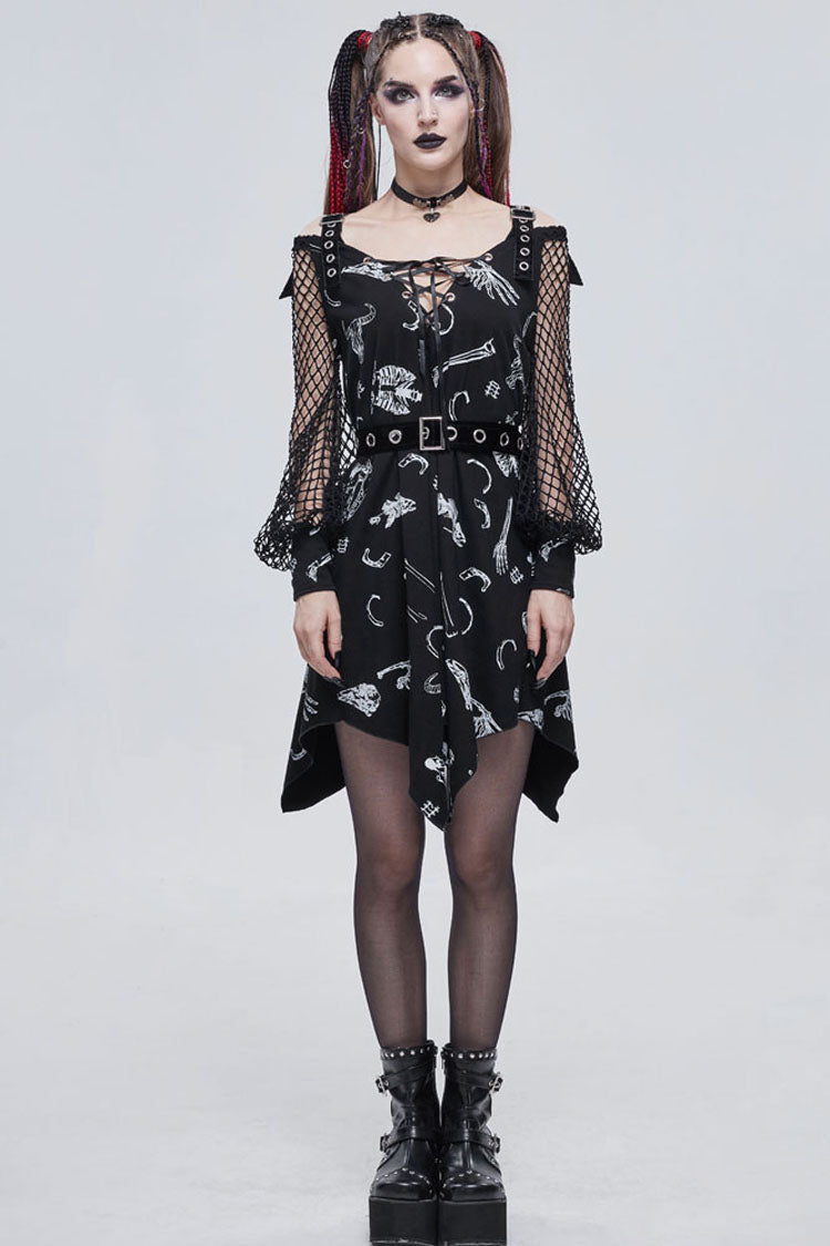 Black Gothic Knit Bone Print Sling Metal Grommet Strap Design Long Sleeve Women's Dress - Product - 6