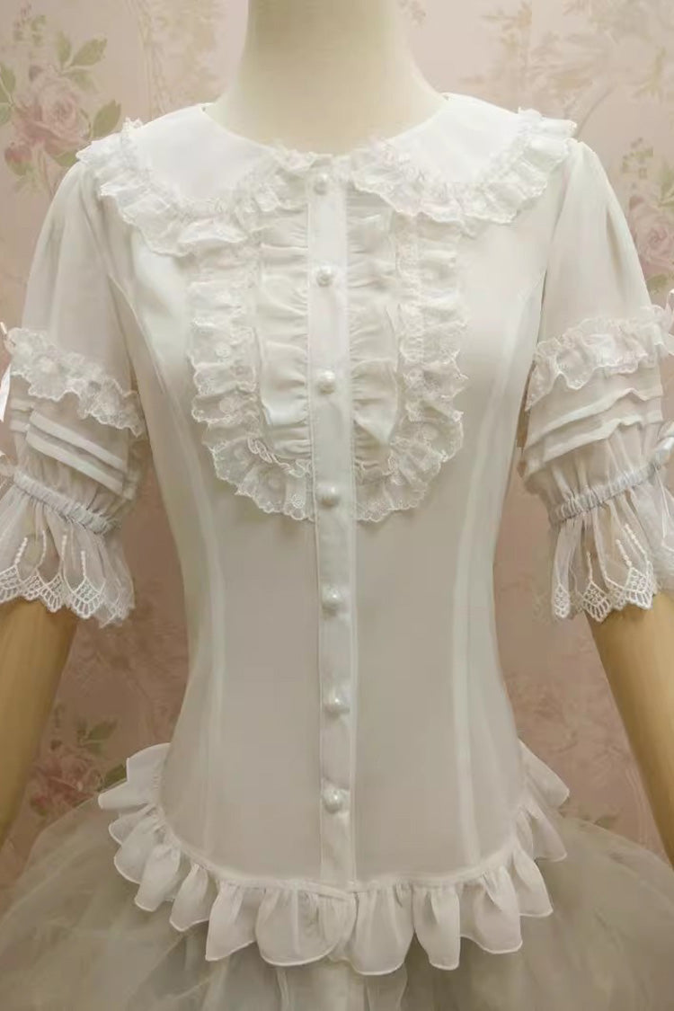 Doll Collar Short Trumpet Sleeves Lace Slim Chiffon Sweet Lolita Blouse 2 Colors - Product - 7