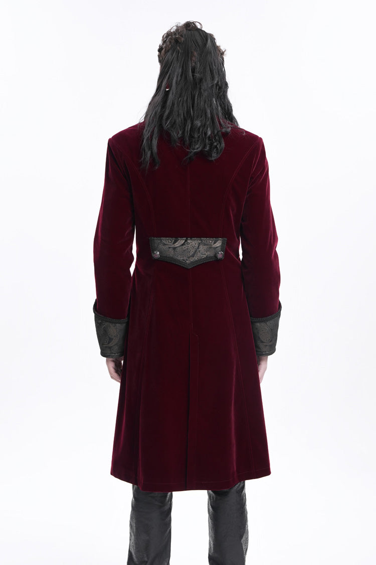 Wine Red Long Sleeves Button Floral Embroidery Men's Gothic Jacket - Product - 3