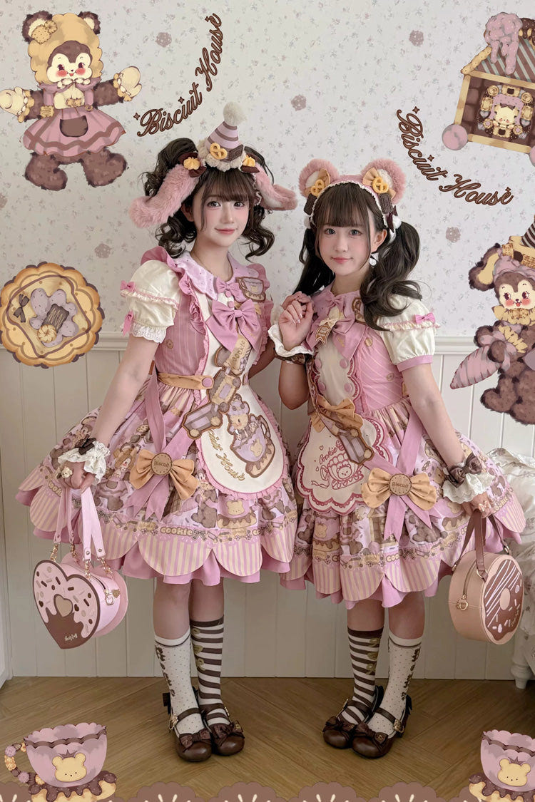 Pink [Teddy Bear Cookie] Strawberry Cream Puff Dessert Printed Bow Plus Size Sweet Lolita Dress Set 3 Versions - Product - 10