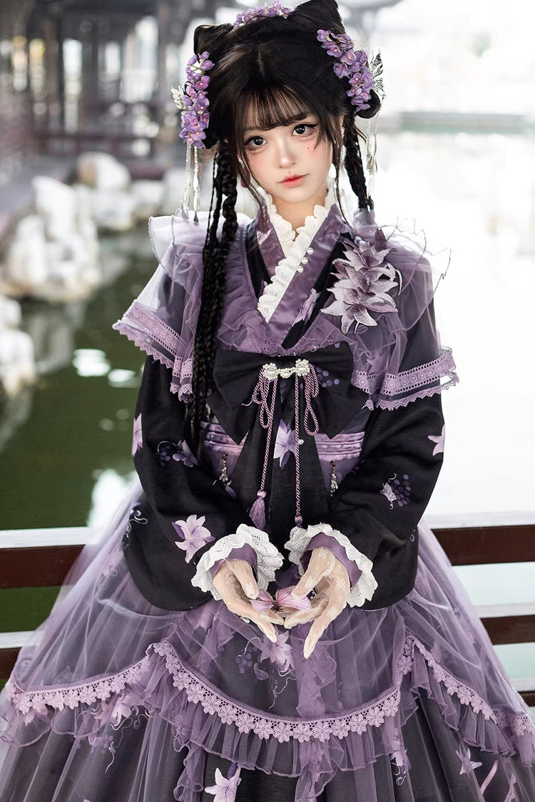 Purple [Violet Gauze Lily] Stand Collar Long Sleeves Ruffled Embroidered Bow Classic Chinese Style Elegant Gorgeous Lolita Dress Set - Product - 8