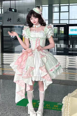 [Spring Overture] Square Collar Short Sleeves Ruffle Cardigan Bowknot Lace Sweet Elegant Lolita Skirt Set 4 Colors - Product - 15