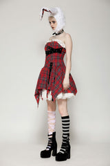 Red Buckled Frayed Asymmetric Hem Women's Punk Grunge Plaid Mini Slip Dress - Product - 11