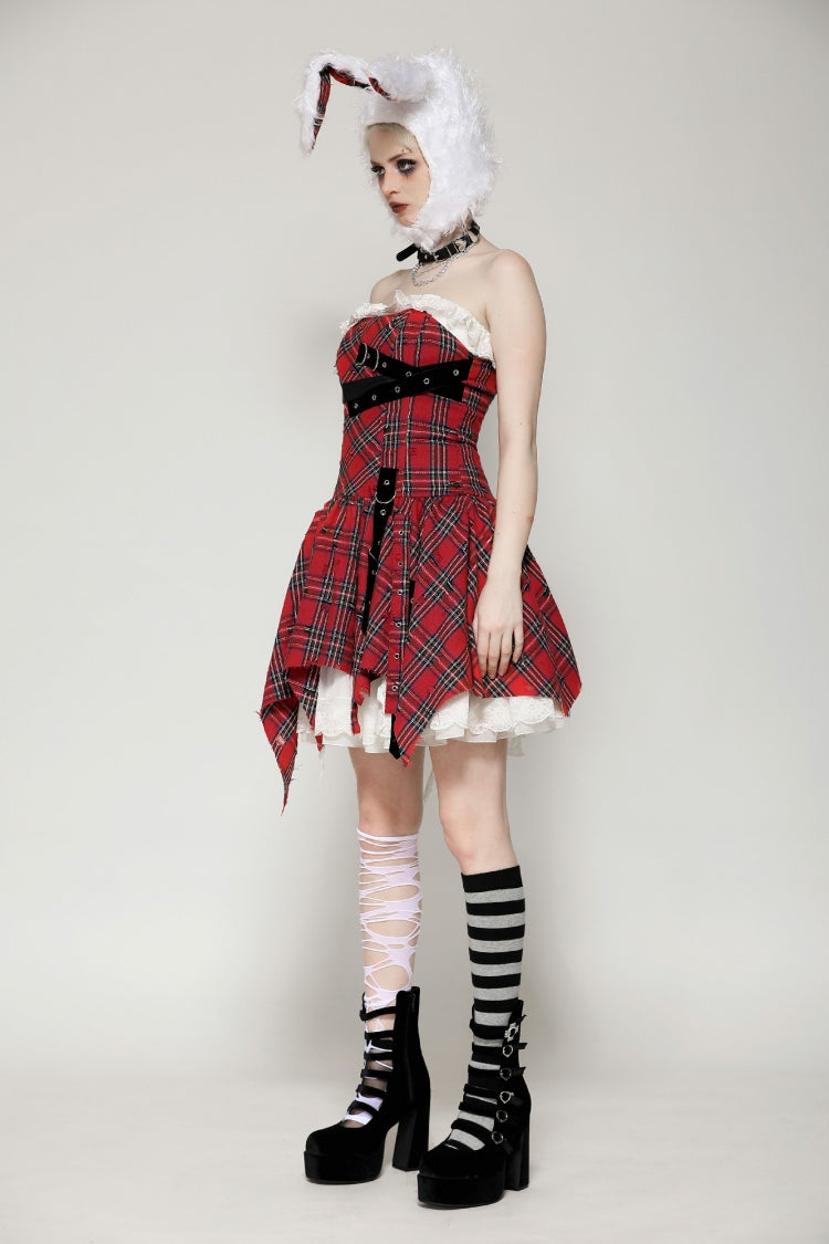 Red Buckled Frayed Asymmetric Hem Women's Punk Grunge Plaid Mini Slip Dress - Product - 11