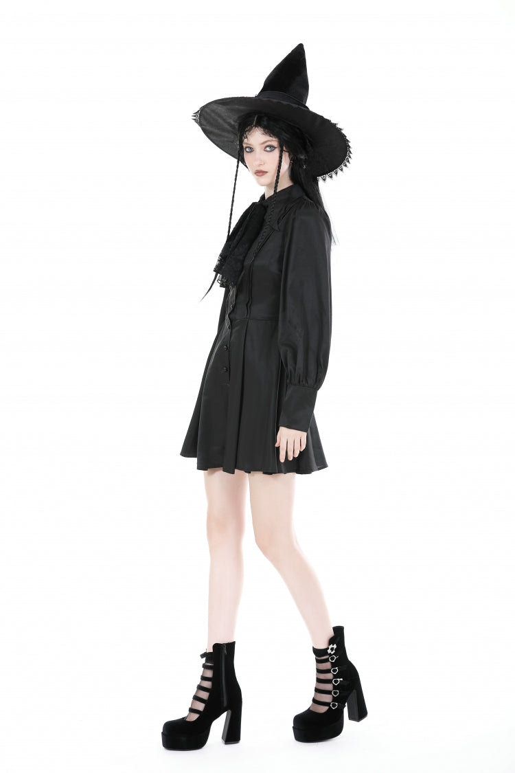 Black Turn-down Collar Long Lantern Sleeves Women's Gothic Dress with Necktie - Product - 8