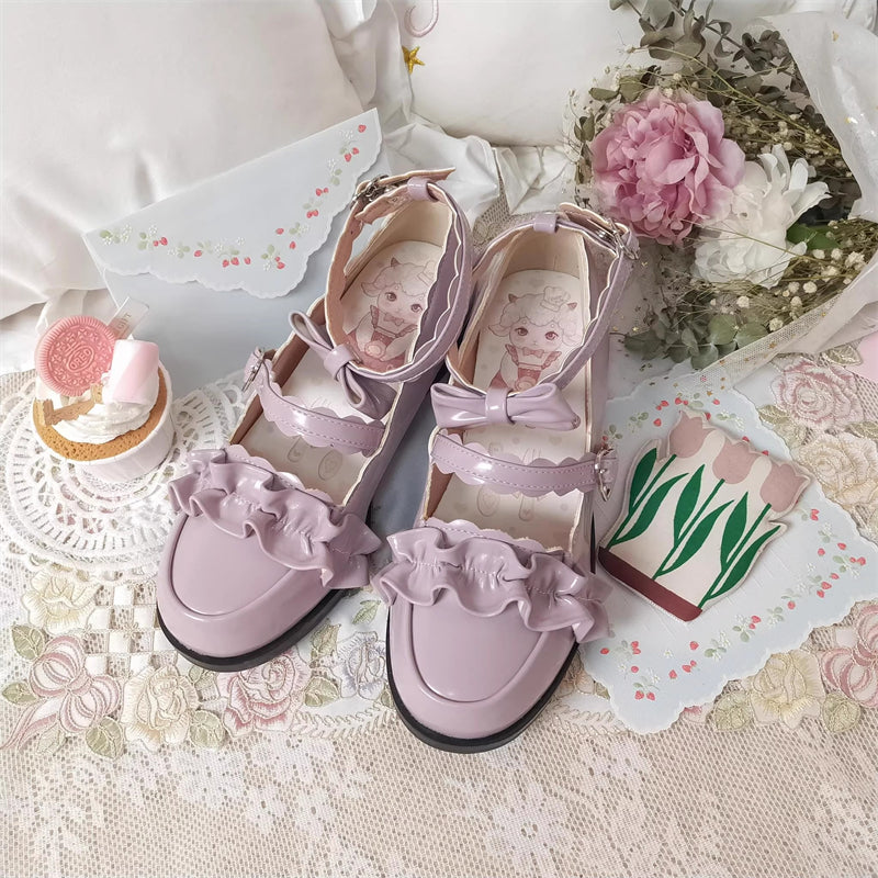 Sweet Ruffle Bowknot Japanese Lolita Shoes 15 Colors - Grey-Purple - 8